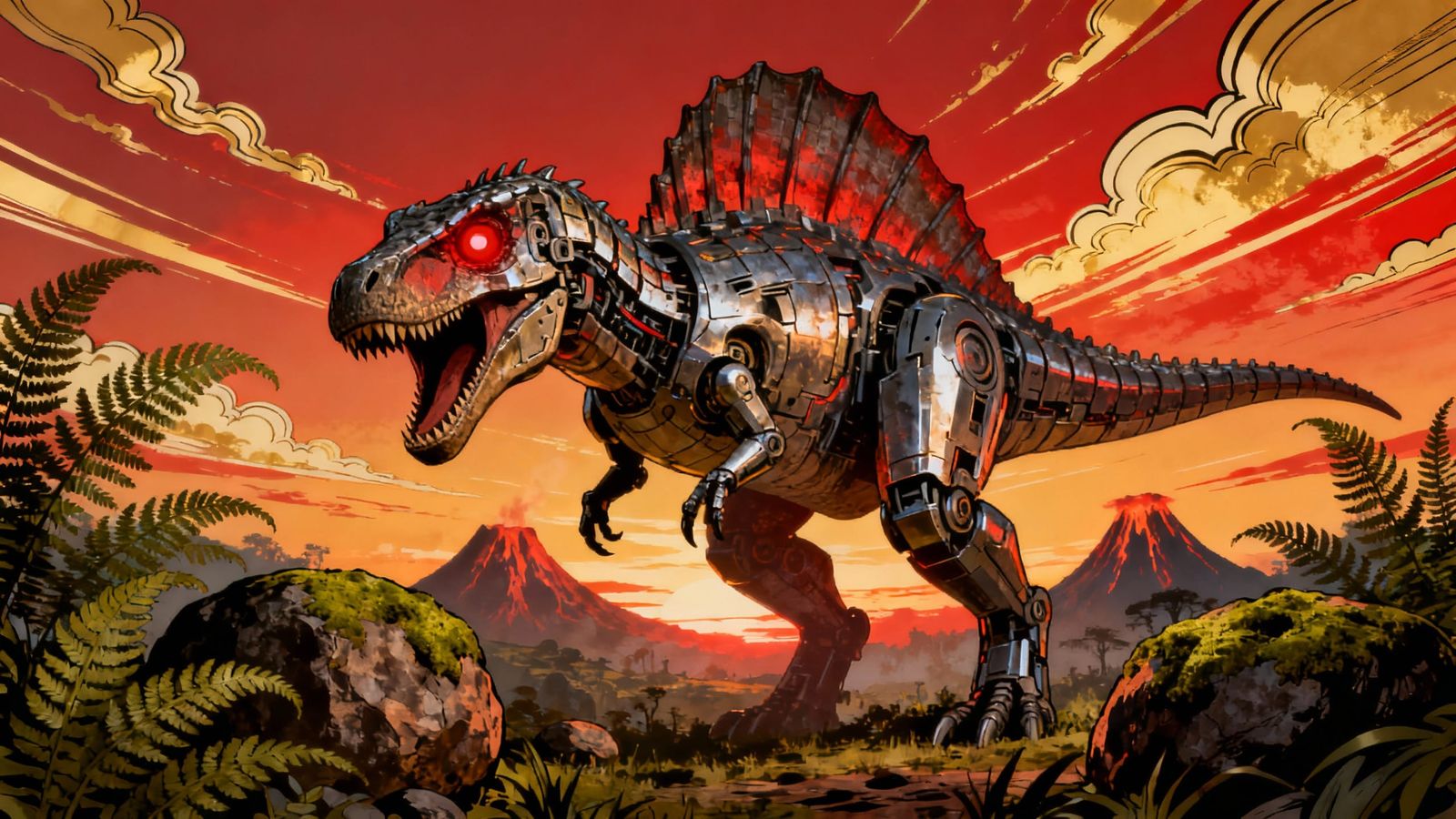 Cybernetic Spinosaurus Roars in Jurassic Landscape