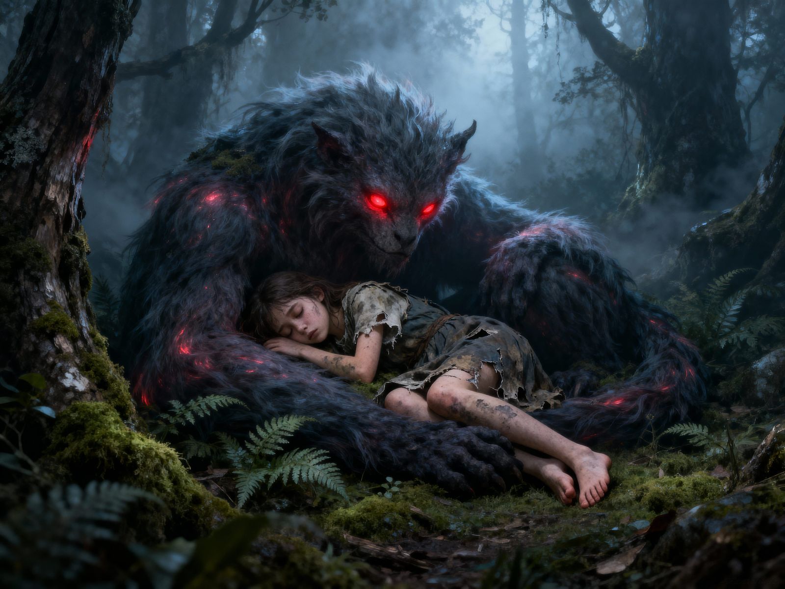 Forest Guardian Protects Lost Girl in Ethereal Fantasy Mist