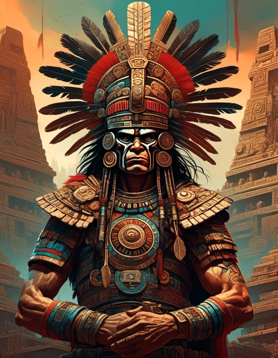 Dystopian Aztec Warrior in Cyberpunk Tenochtitlan