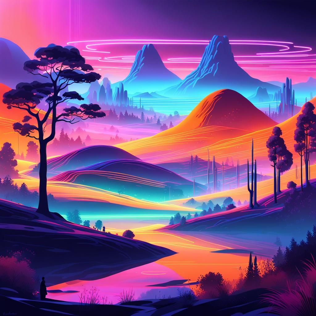 Luminous Dreamscape: Neon Landscape in Syd Mead Style