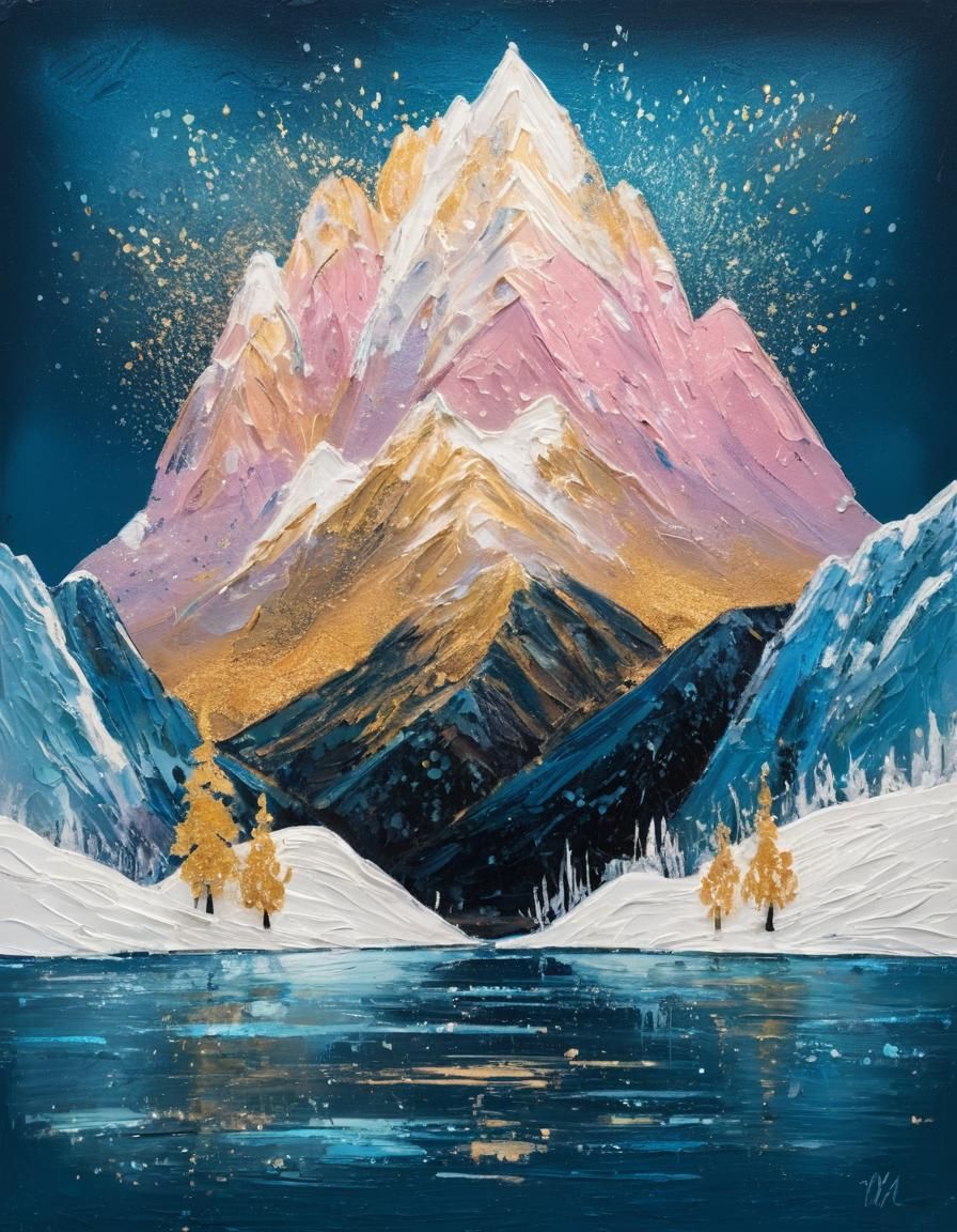 Vibrant Expressionist Snowy Landscape with Textured Mixed Me...