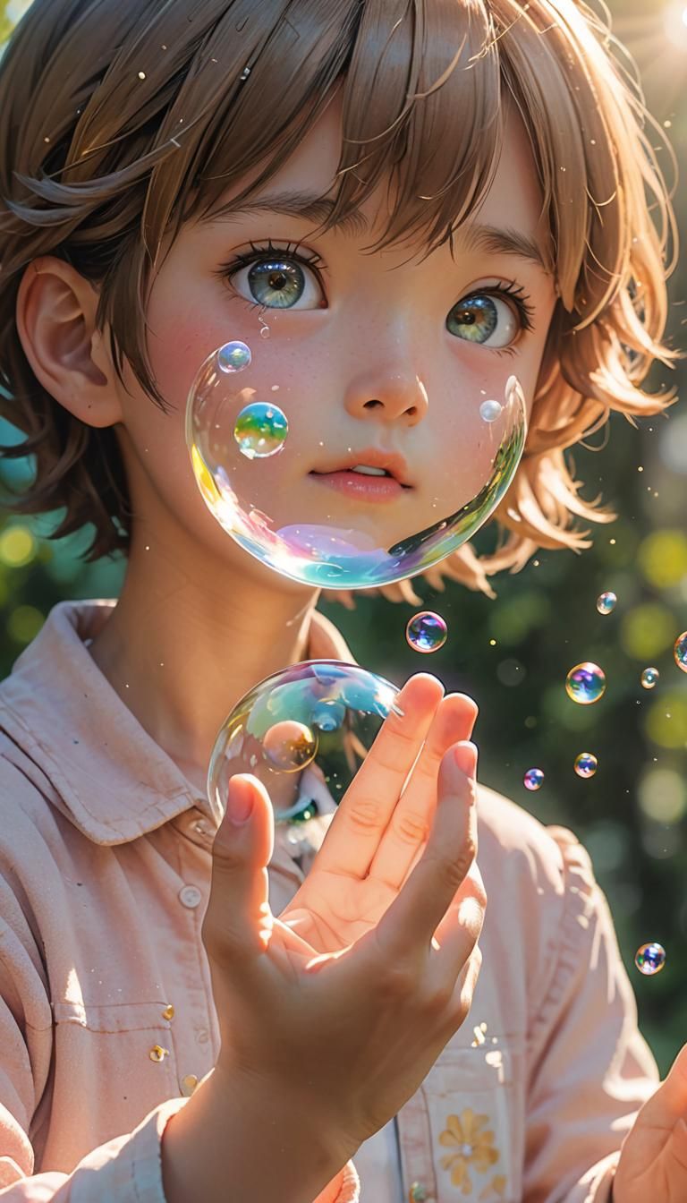 Child Zooms in on Floating Soap Bubble