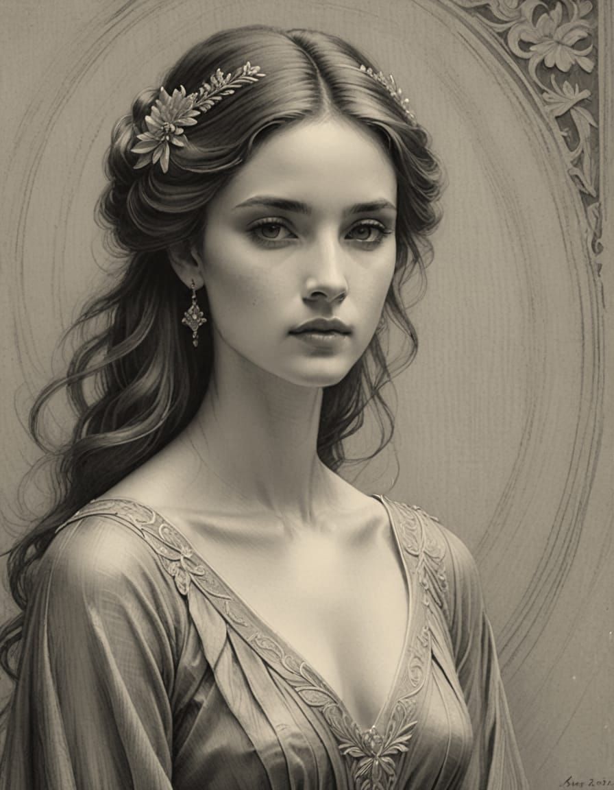 Brunette Woman in Silverpoint Drawing, Art Nouveau Style