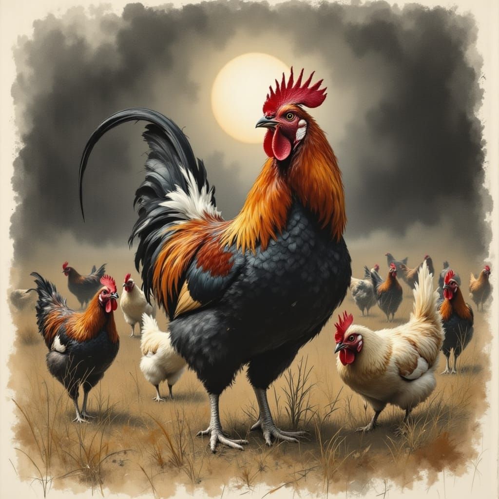 Majestic Rooster Reigns Supreme in Fiery Landscape