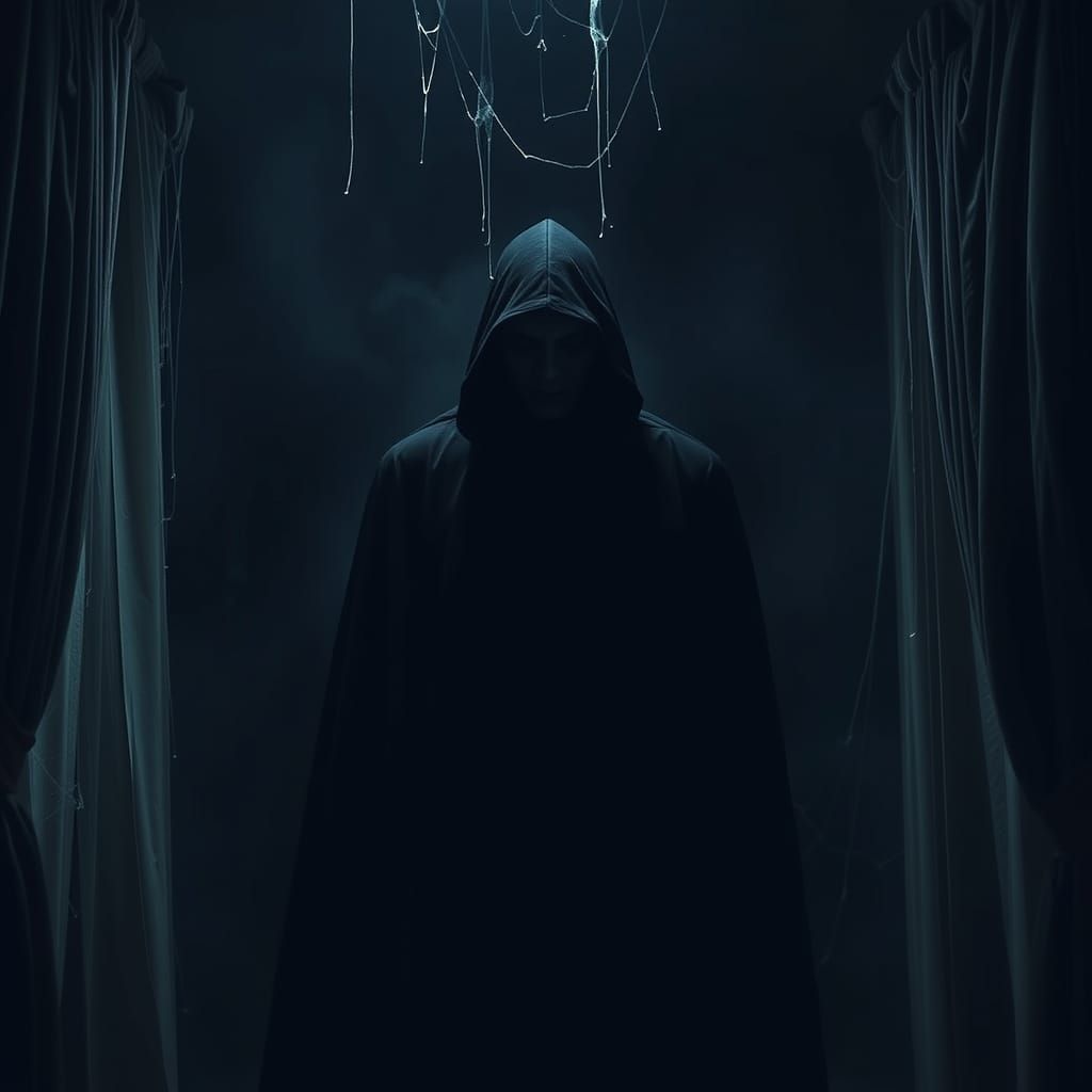 Gothic Horror Figure in Abandoned Mansion