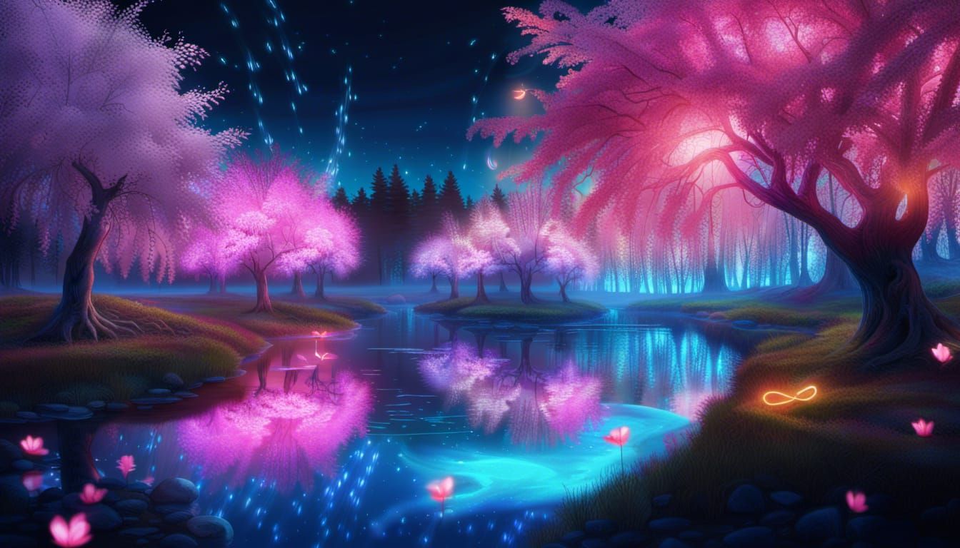 Neon Aurora Illuminates Cherry Blossom Landscape