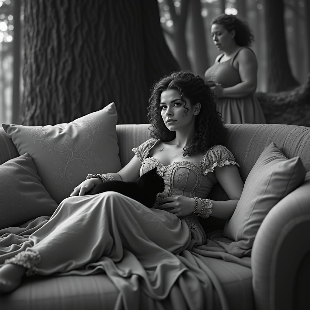 Curvy Renaissance Woman Stands Resolute in Forest Clearing