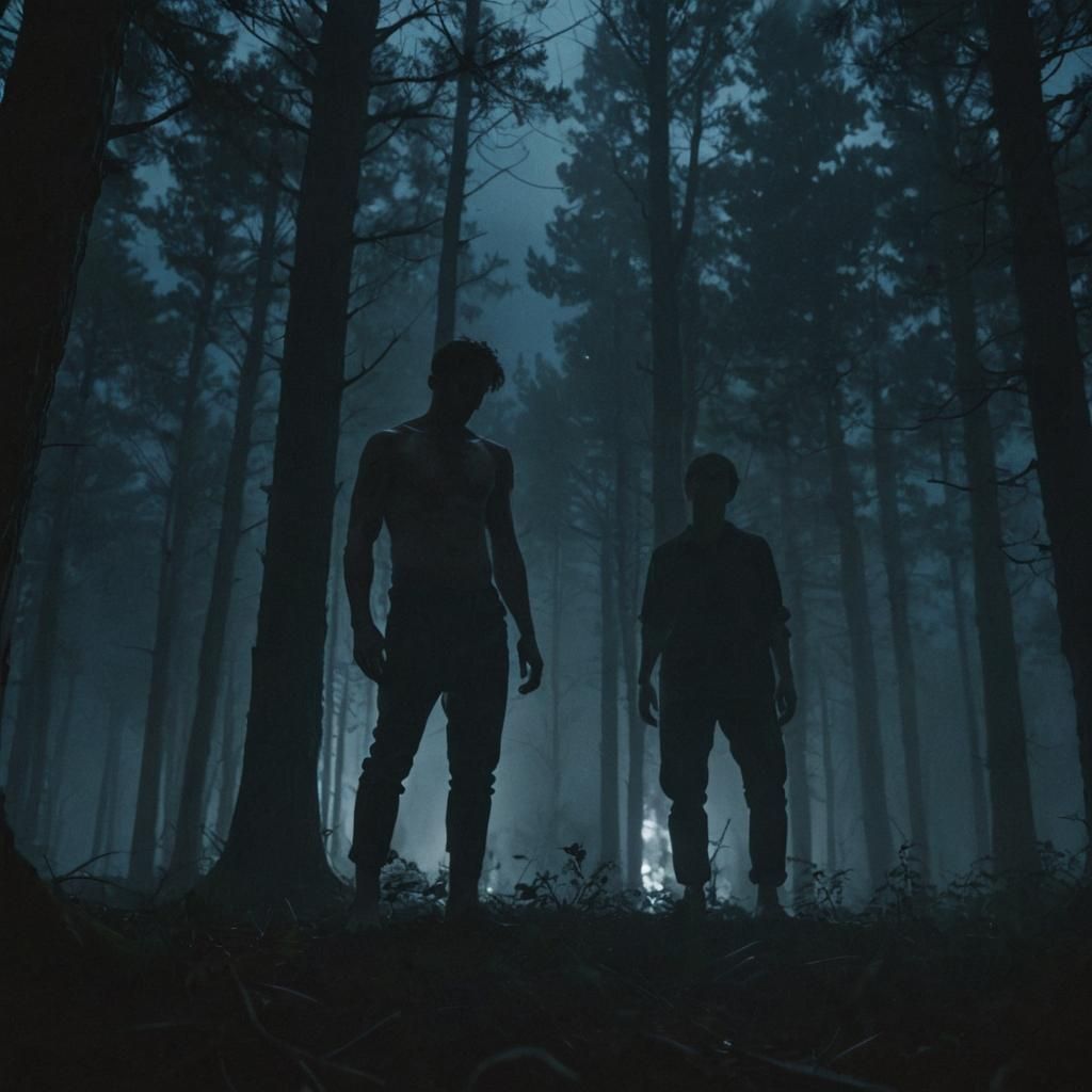 Mysterious Figure in Moonlit Forest: Cinematic Still