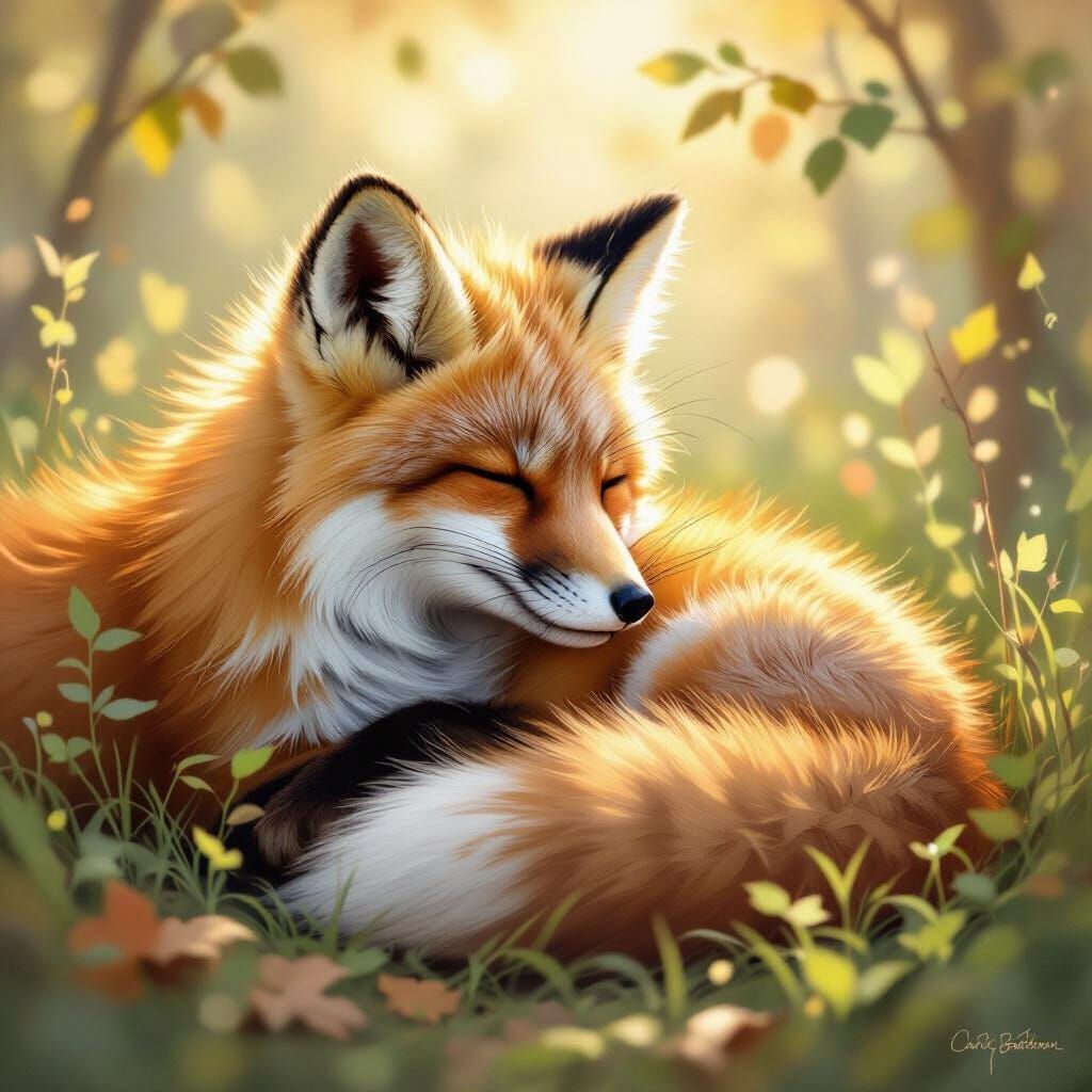 Mother Fox and Cub Sleeping in Sunlit Forest