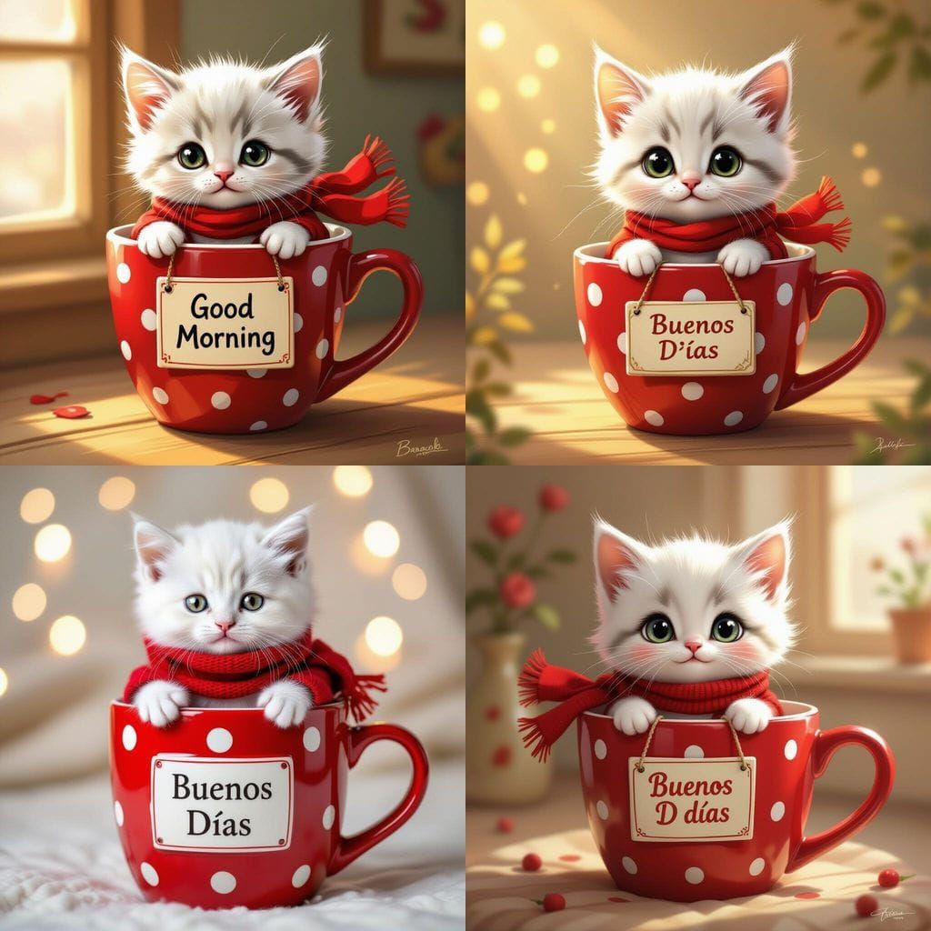 Adorable White Kitten in Red Mug with 'Good Morning' Sign