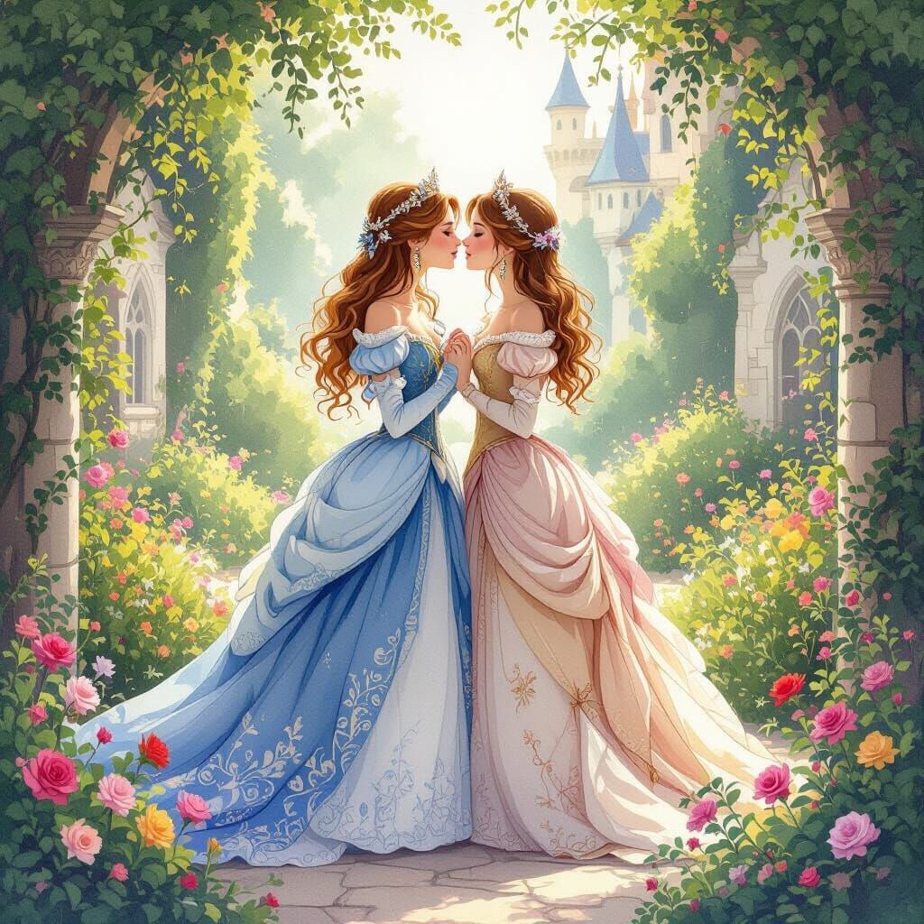 Fairytale Garden: Two Princesses Share a Kiss