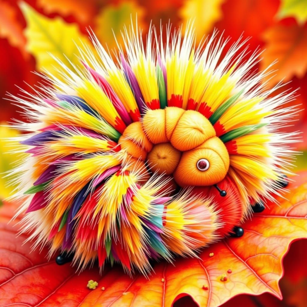 Fuzzy Caterpillar on Autumn Leaf, Eric Carle Style