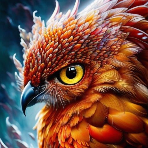 Fiery Chibi Owl Portrait in Gouache Style