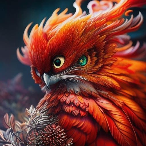 Detailed Portrait: Chibi Fire Owl in Gouache Style