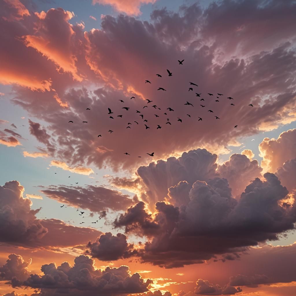 Birds Soaring in a Crimson Sky: Soft Focus Photography