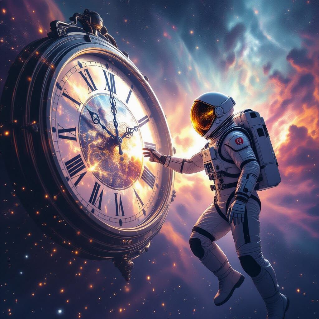 Astronaut Reaching for Time in Cosmic Void