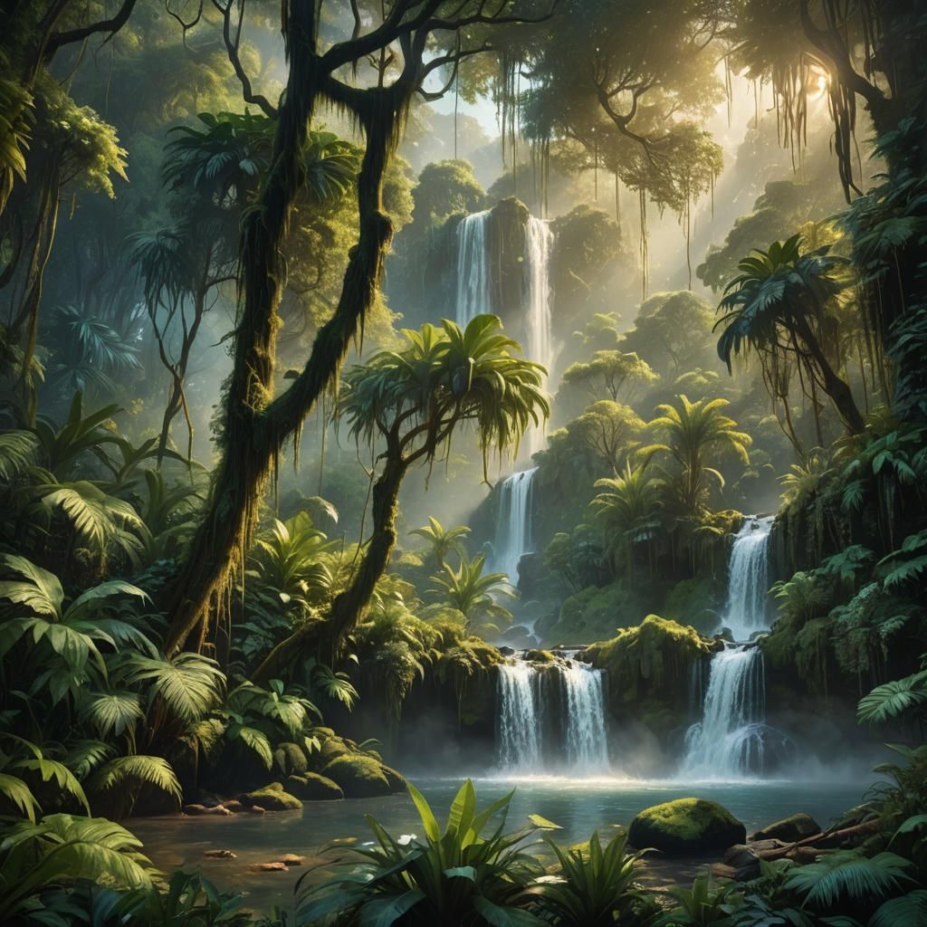 Lush Rainforest Masterpiece with Cascading Waterfall in Cine...