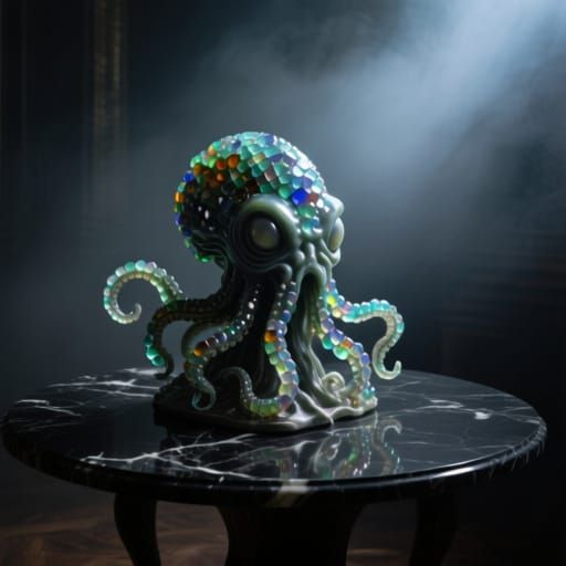 Cthulhu Sculpture of Iridescent Sea Glass in Dramatic Light