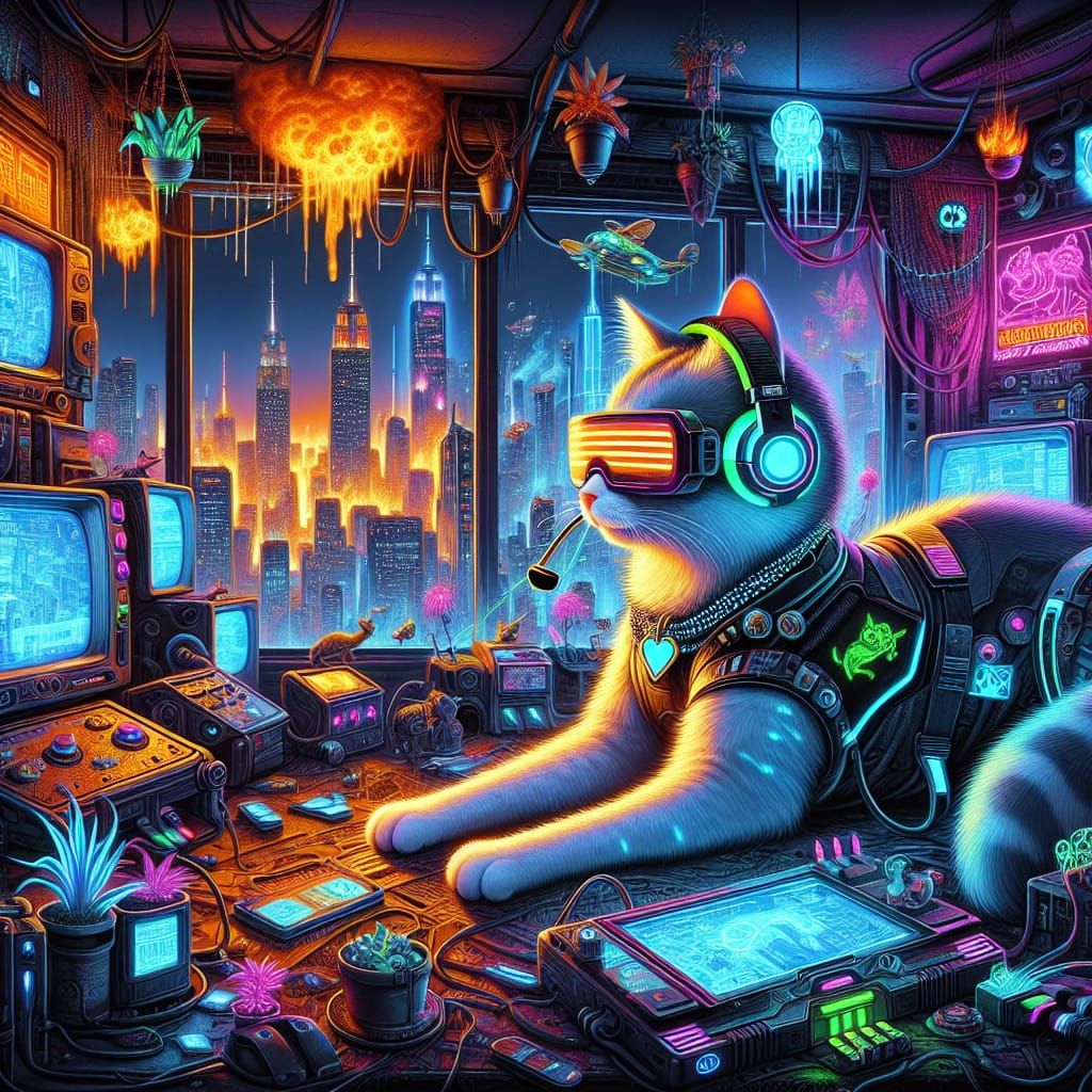 Cyberpunk Cat Gamer in Futuristic Cityscape