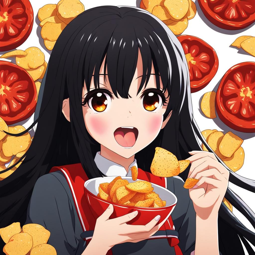 Anime Girl Eating Paprika Chips in Manga Style