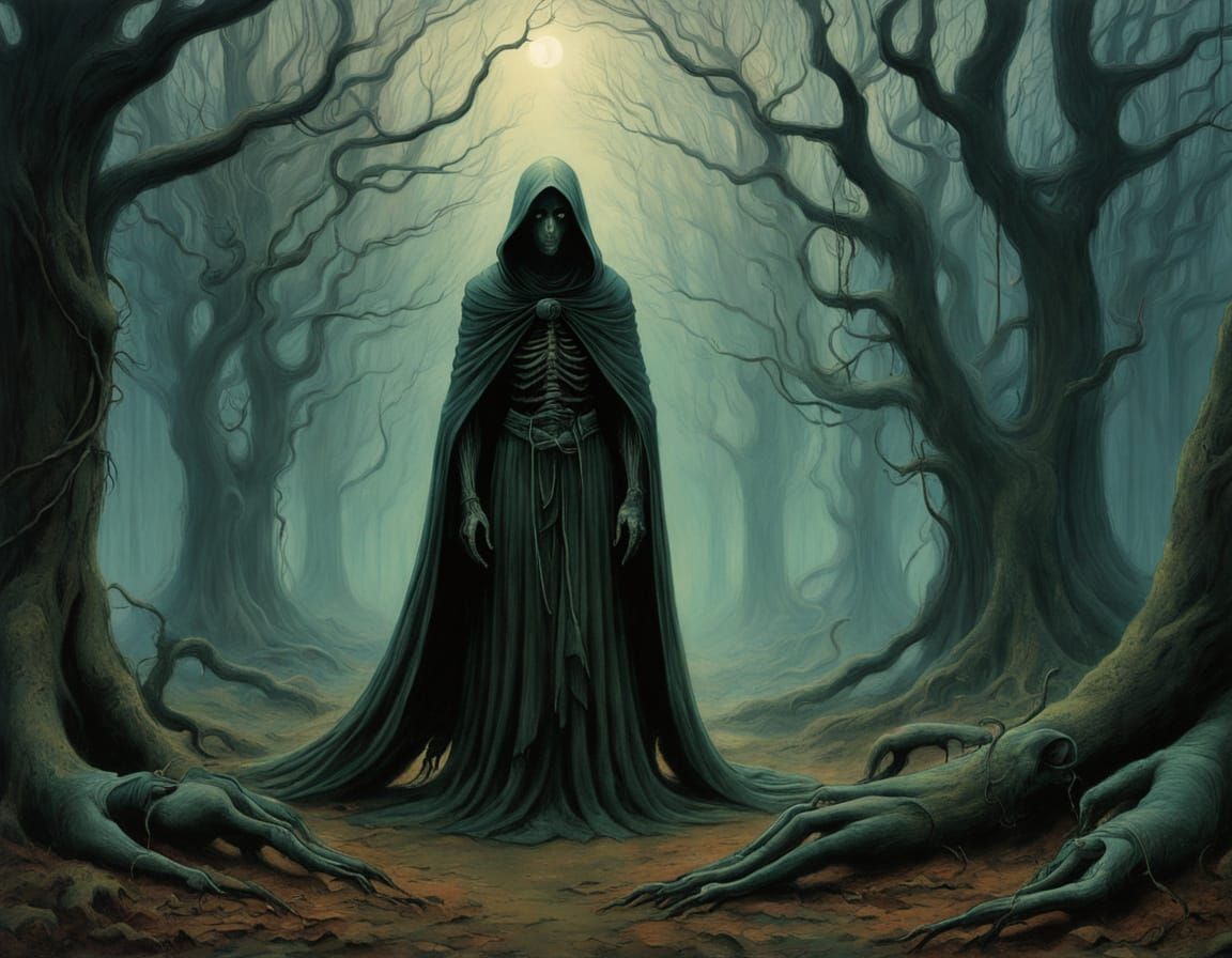 Mourful Reaper Amidst Peaceful Doves in Twilight Forest