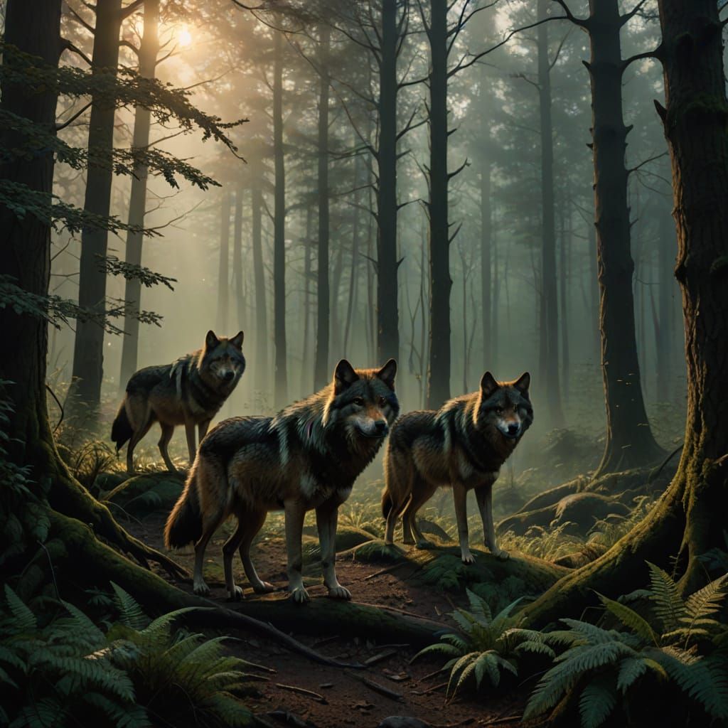 Wolves Amidst Golden Forest Mists