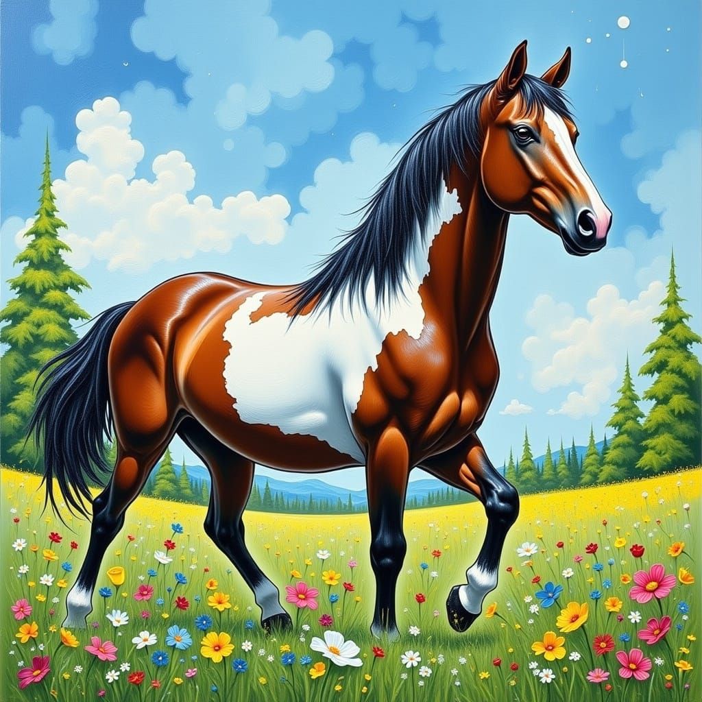 Horse in Meadow, Impressionist Style