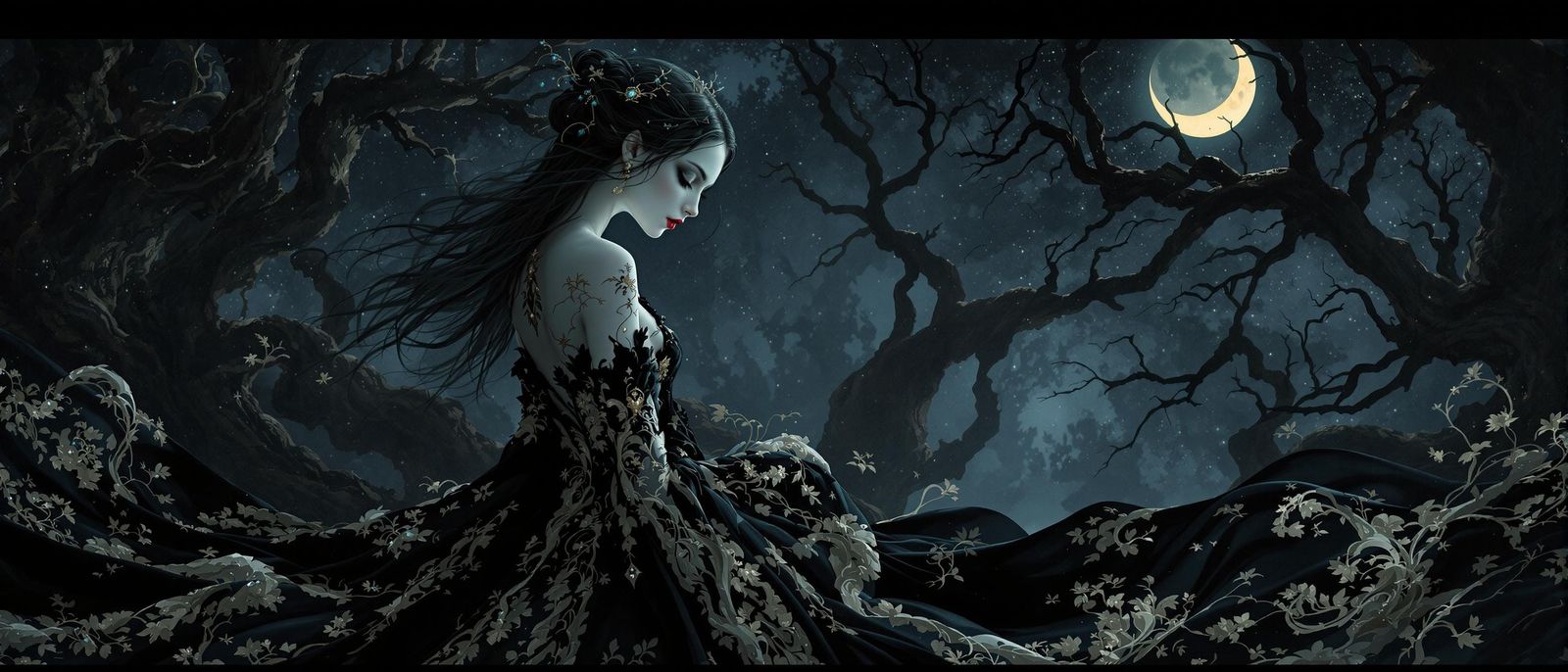 Ethereal Nighttime Fantasy with Luxurious Velvet and Lace