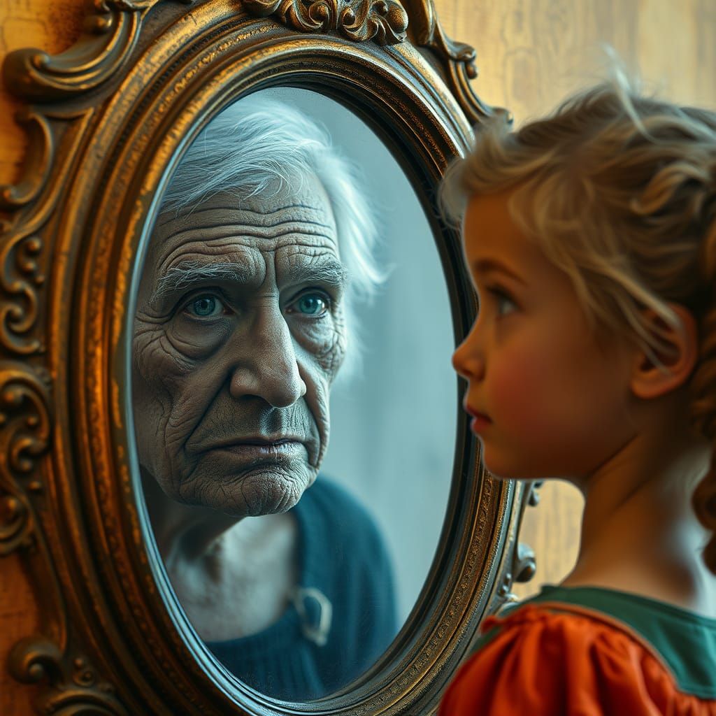 image of a girl seeing her reflection as a very old woman