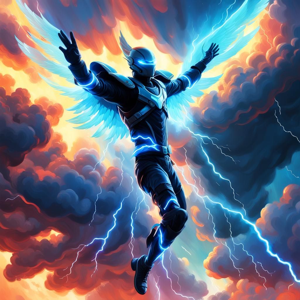 Winged Person Freefalling in Stormy Sky