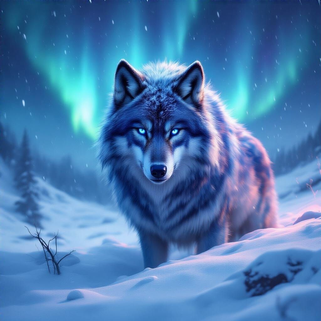 A lone wolf stands on a snow-covered precipice as a blizzard...