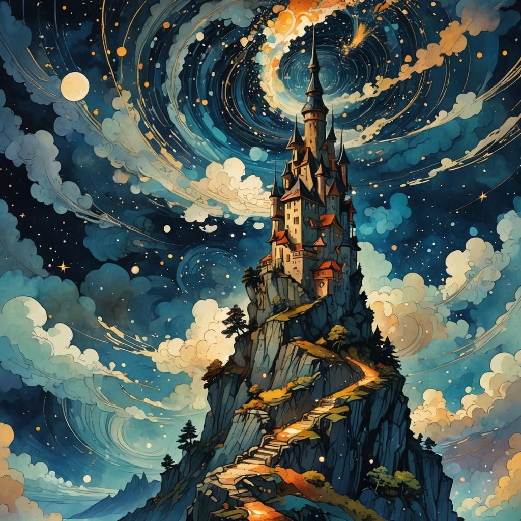 Stone Tower Cliffside View at Night