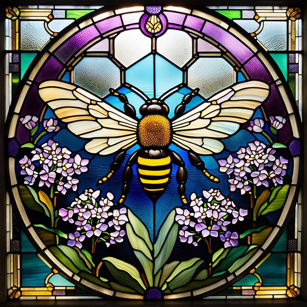 Art Deco Stained Glass Bees in Lilac Meadow
