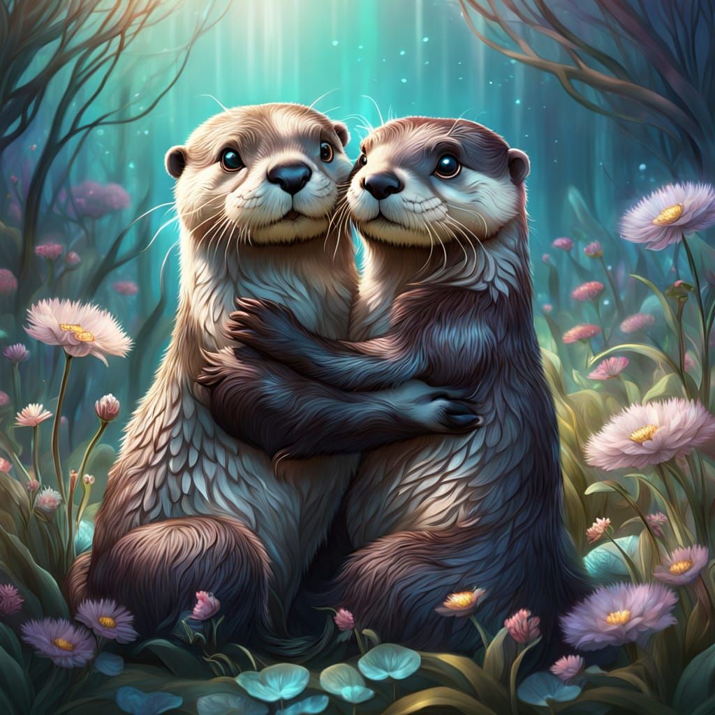 Two Otters Embrace in a Whimsical Fantasy Meadow