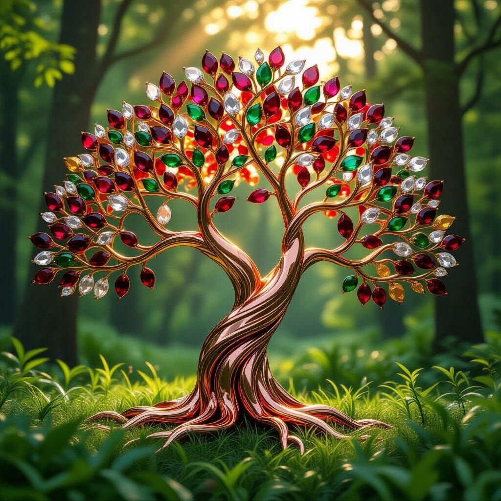 Gemstone Tree in Forest, Hyperrealistic Detail