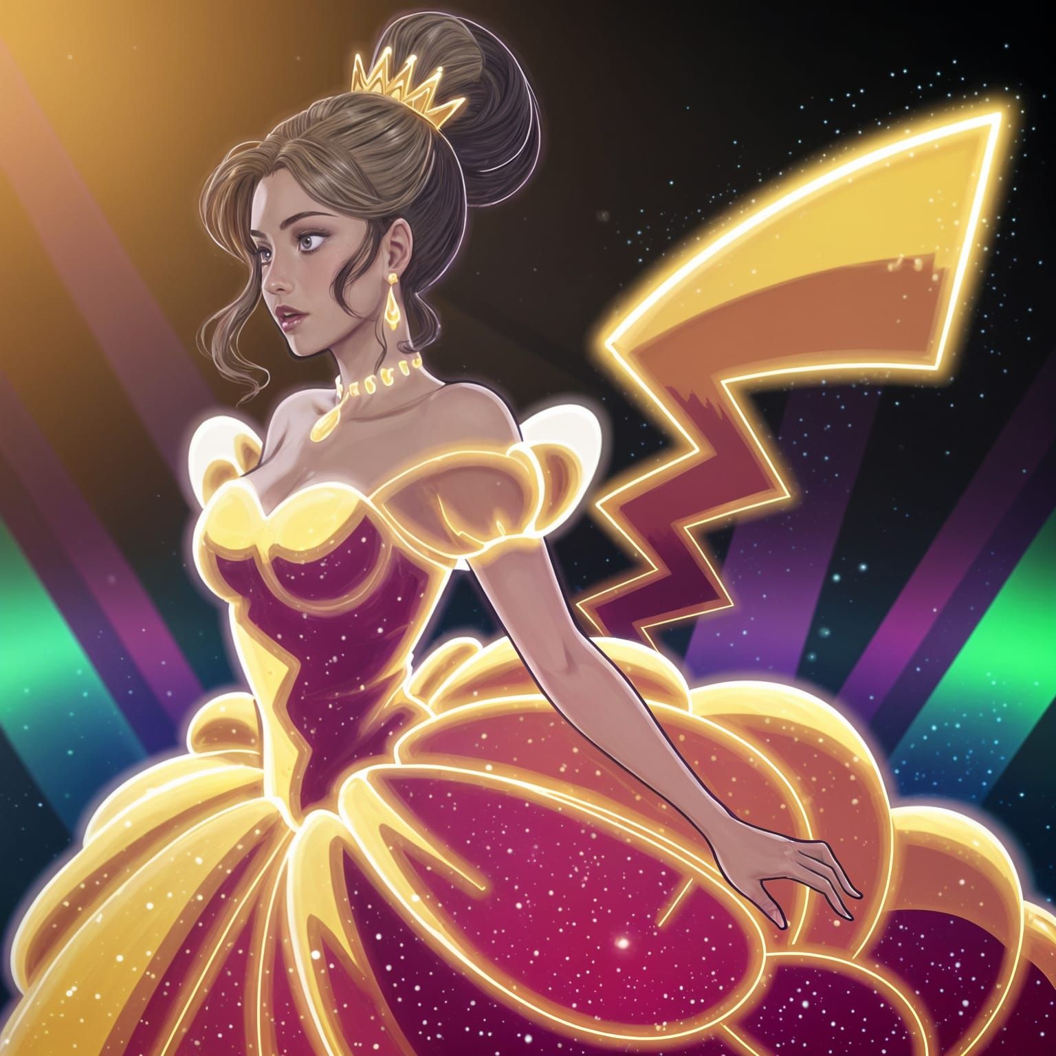Glowing Golden Princess with Sparkling Pikachu Tail in Anime...