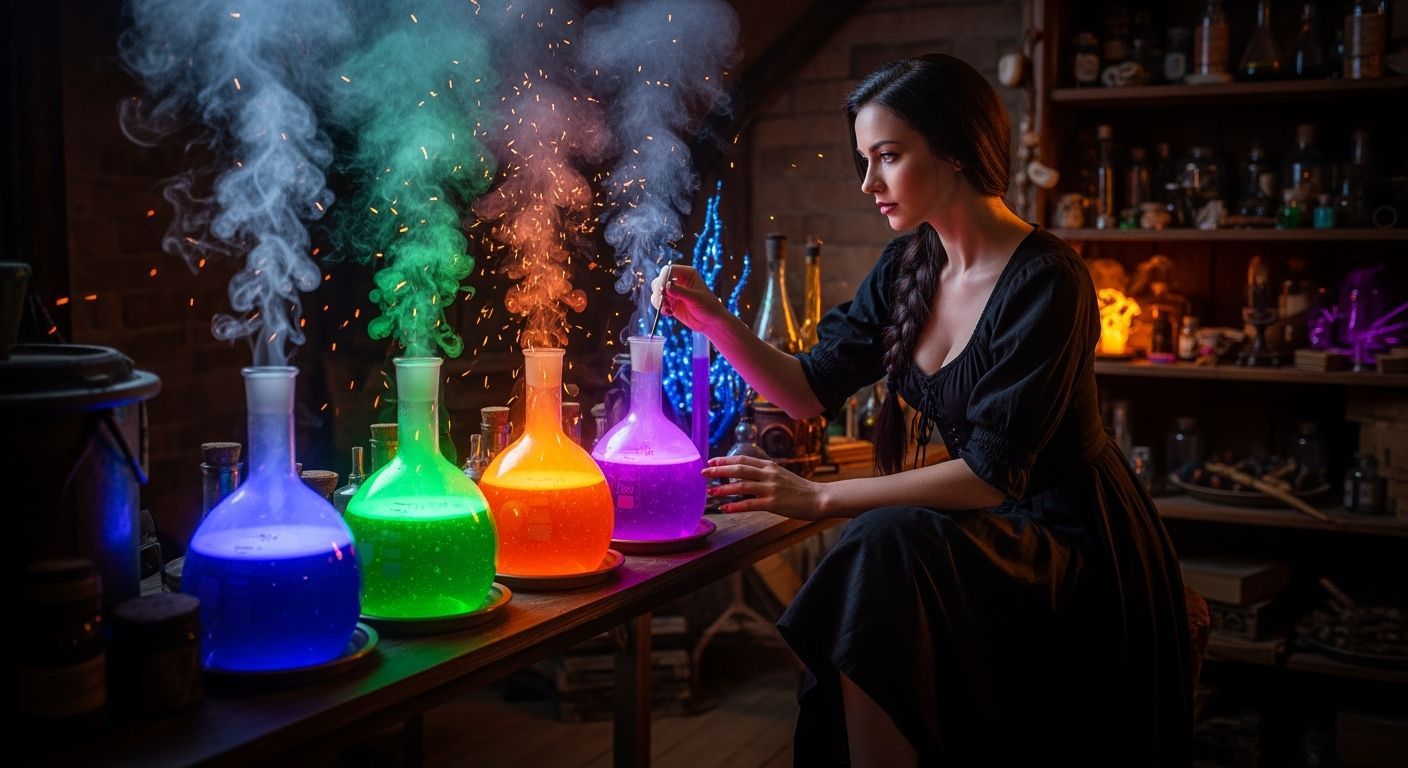 Witch Brewing Potions in Shadowy Workshop