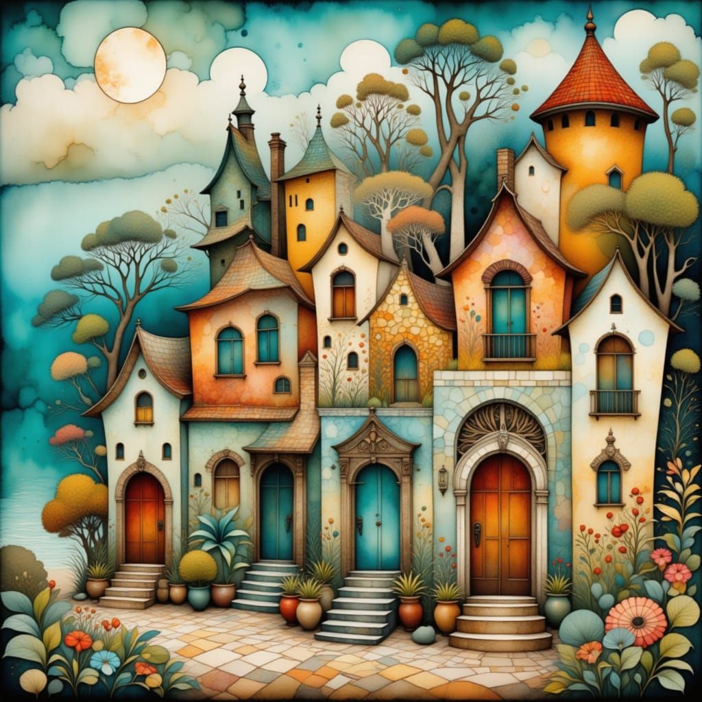 Quaint Village by Turquoise Sea in Folk Art Nouveau