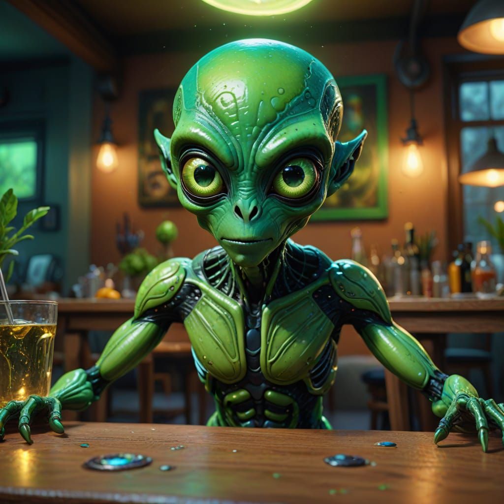 Vibrant Green Alien Dances on Table in Oil Painting Style
