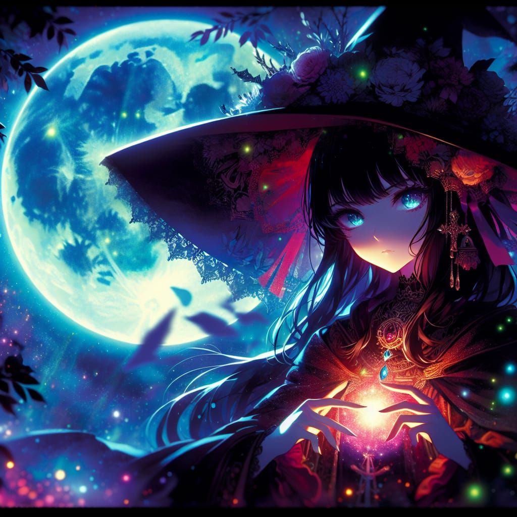 Anime Witch Under Moonlight: Fantasy Concept Art