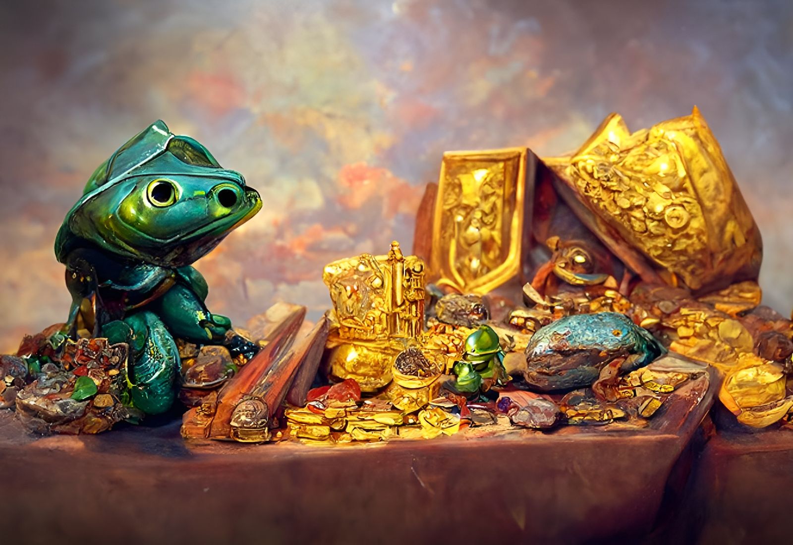 Frog Knight Guarding Treasure Pile as Detailed Matte Paintin...