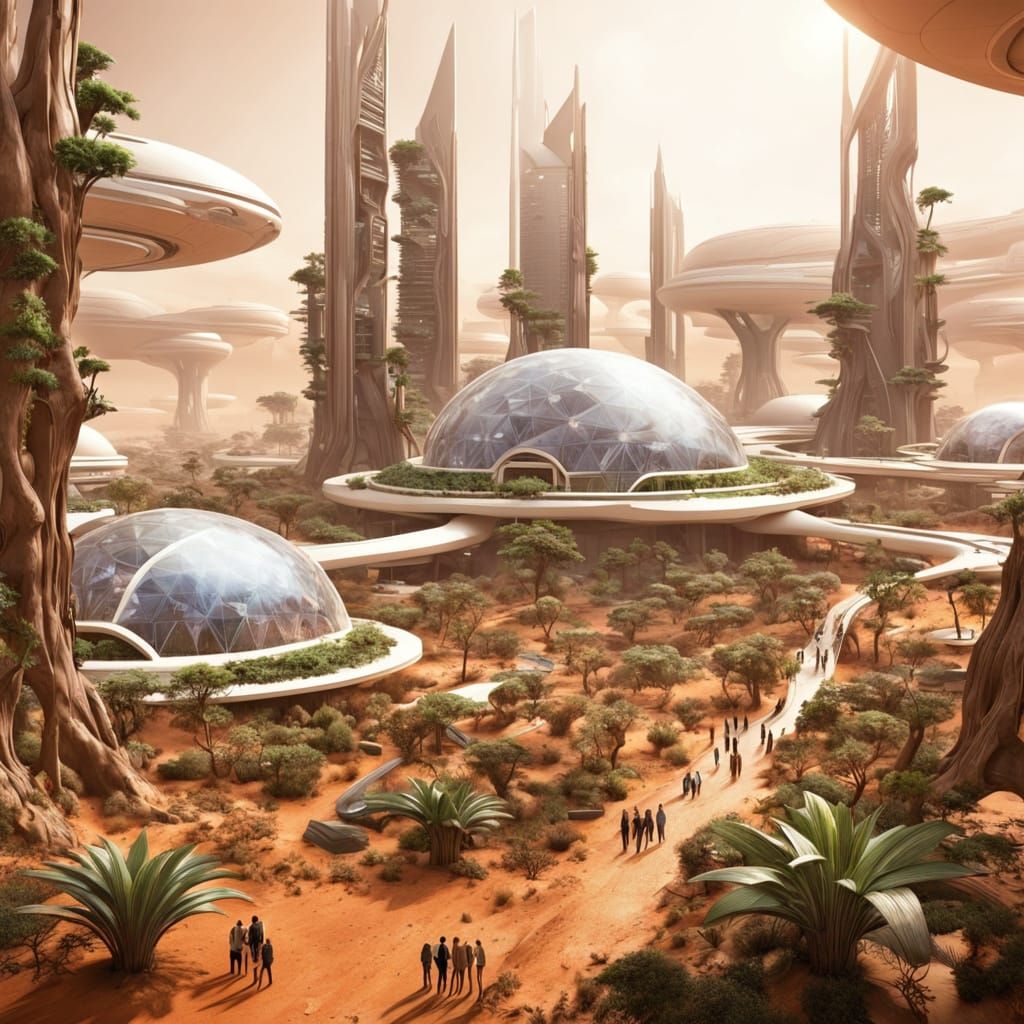 Futuristic Martian City with Biosphere and Greenery