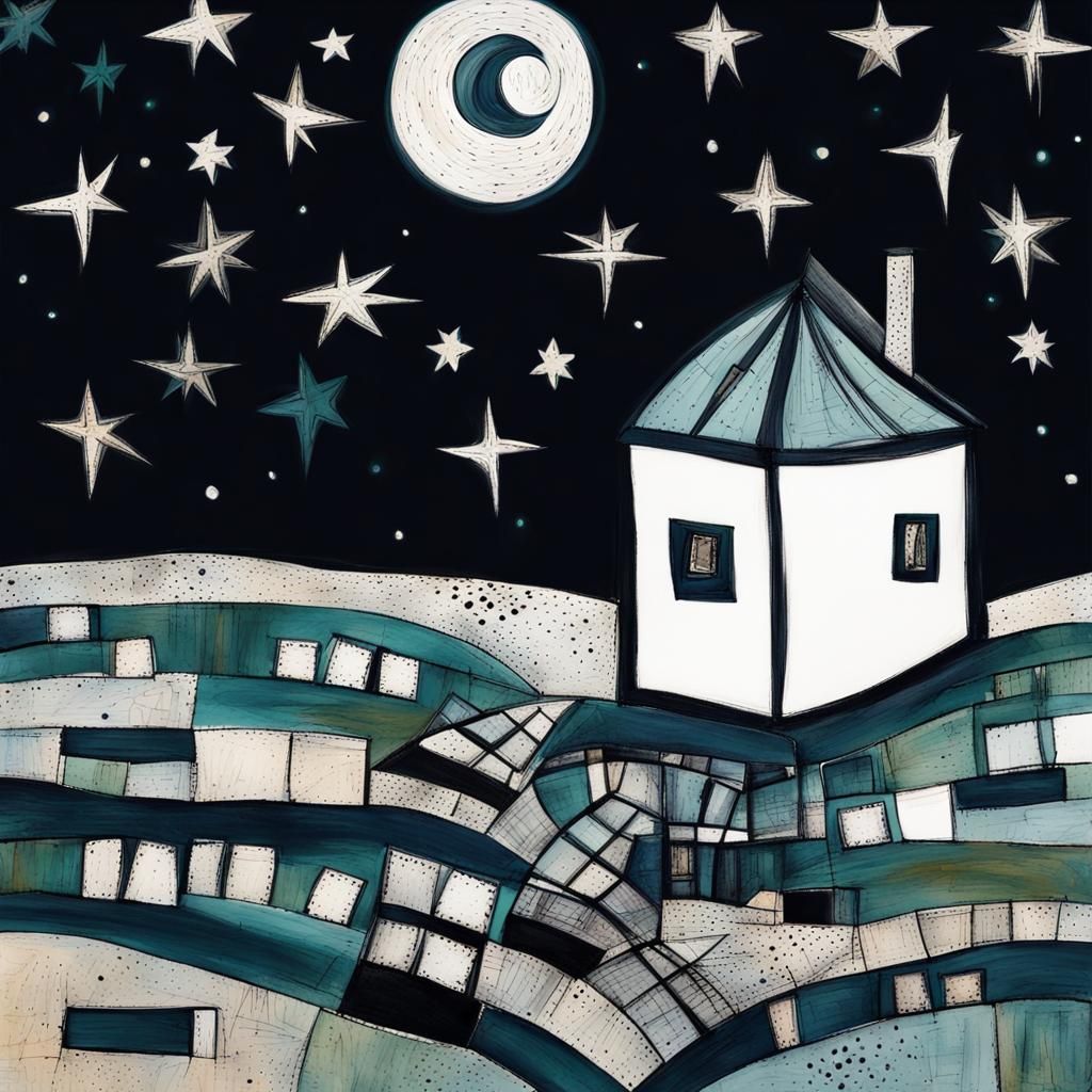 Moon House in Art Brut Style with Starry Sky