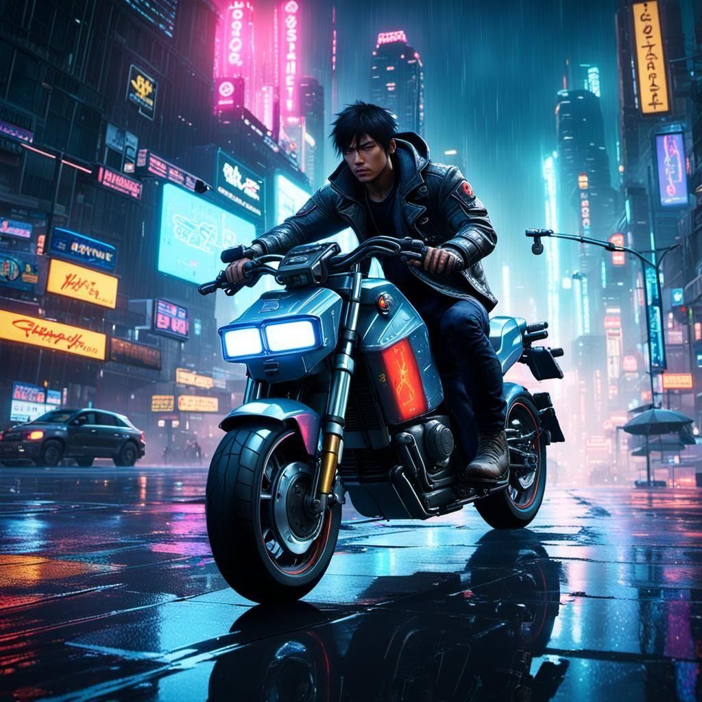 Hiro Protagonist Rides Cyber Motor in Cyberpunk City