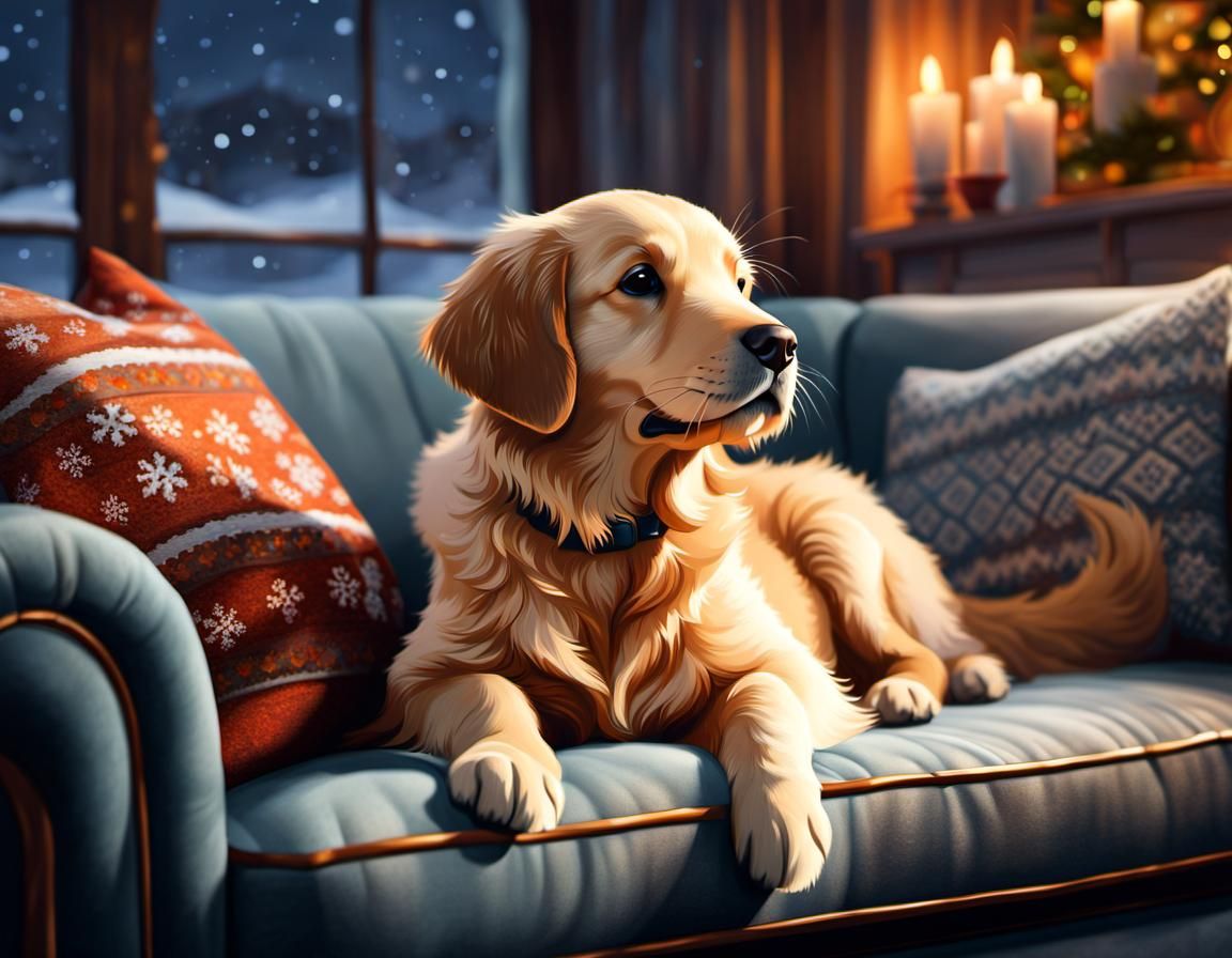 Cozy Golden Retriever Puppy in Winter Night, Gouache Paintin...