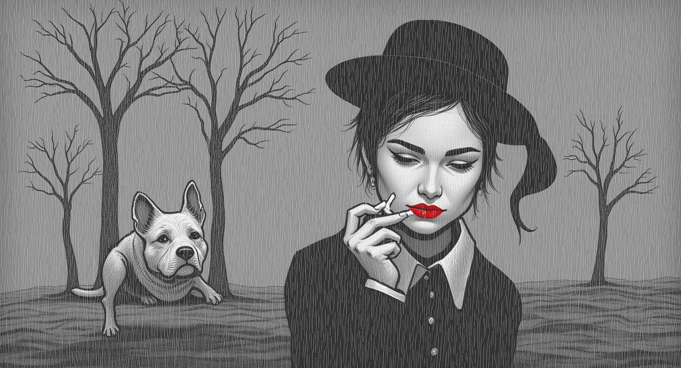 Minimalist Autumn Scene: Woman, Dog, and Red Lips