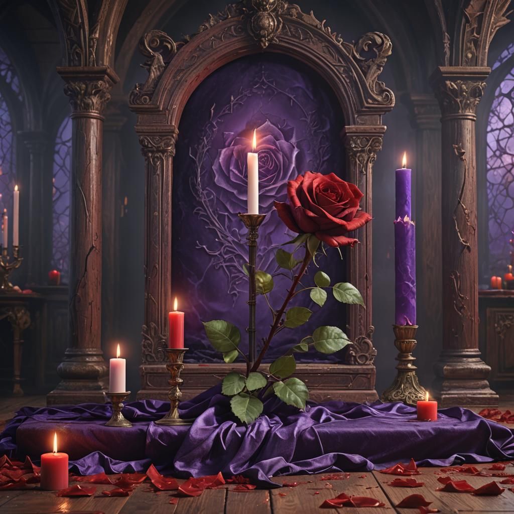Bloody Red Rose on Gothic Magic Altar