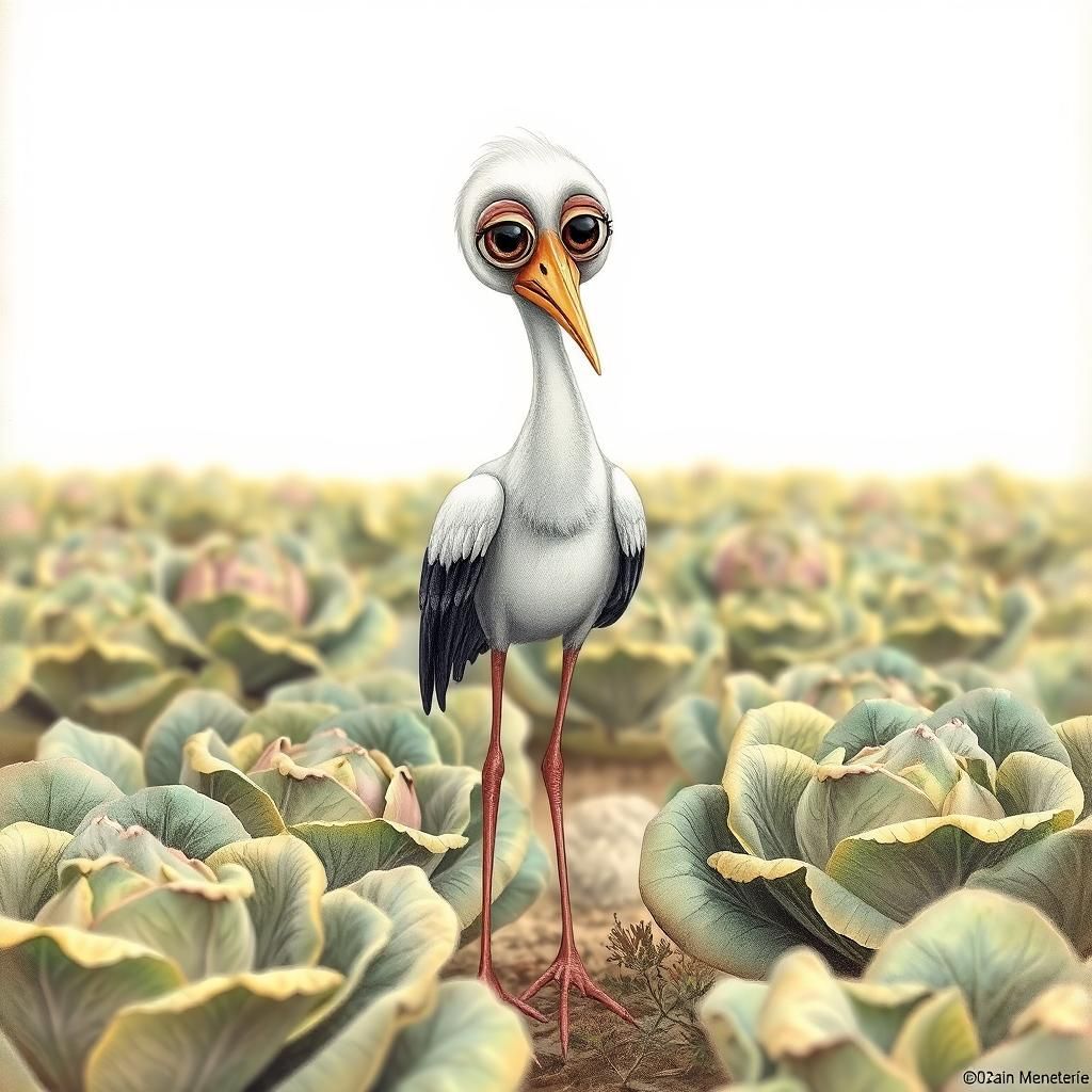 Whimsical Stork in Cabbage Field, Botanical Art