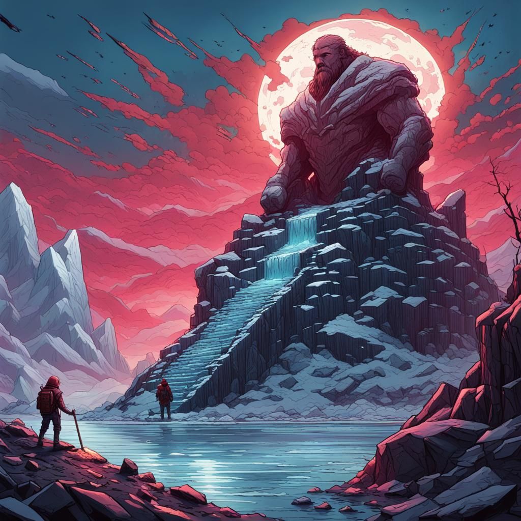 Humans Explore Colossal Statue in Frozen Lagoon