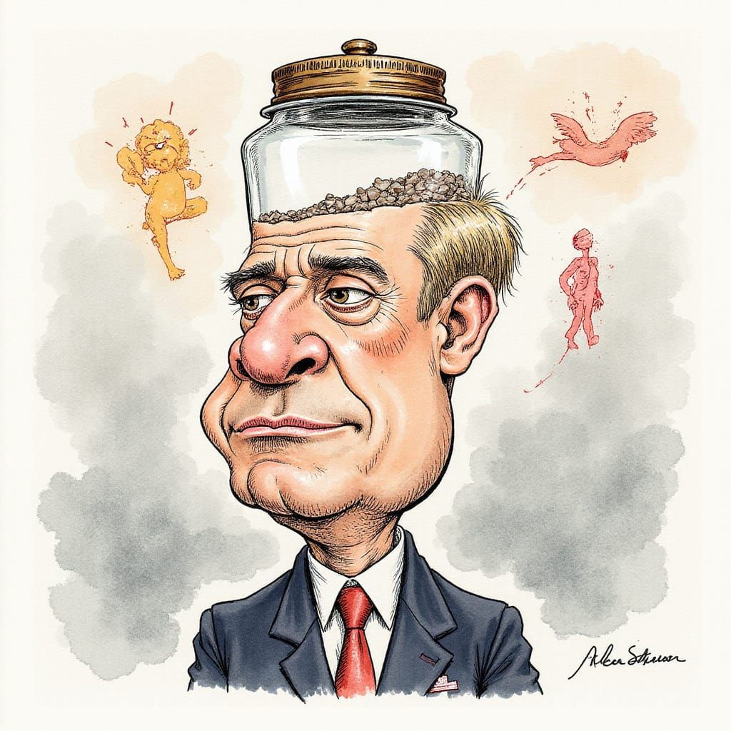 Satirical Cartoon Figure with Exaggerated Features